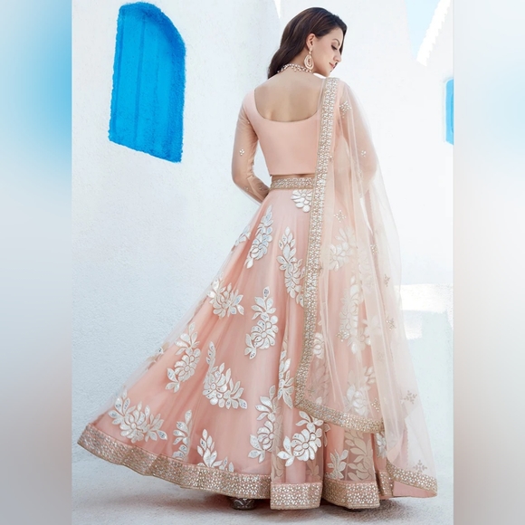 L Peach Mirror Embroidered Net Lehenga - Picture 2 of 2